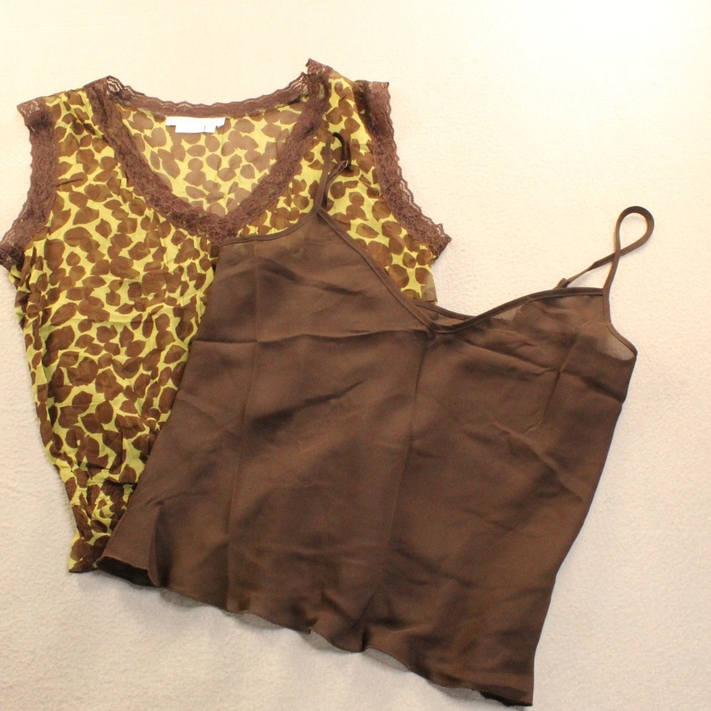 To The Max Silk Blouse Women‎ 12 Brown Olive Lace Smocked Shell Camisole